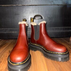 Dr. Martens Brownish-Red Faux Shearling Platform Boots